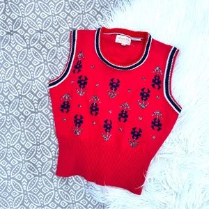 Women’s Red Flower Print Vintage Sweater Vest M 100% Virgin Acrylic